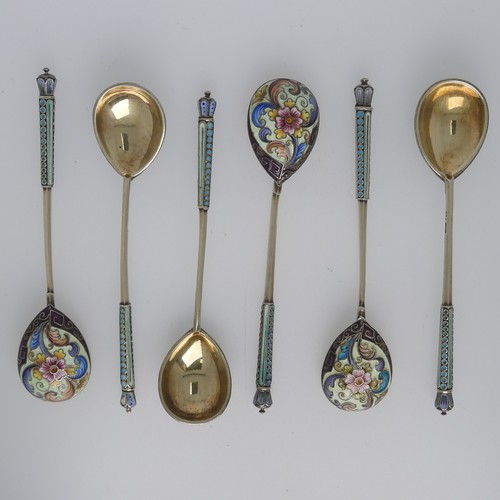 14 - A set of six Russian silver gilt and enamelled Spoons, four 88 zolotniki, two marked 84, 11cm long, ... 