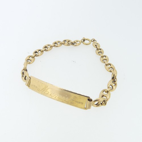 224 - An 18ct yellow gold Identity Bracelet, with inscription, 10.2g, together with a rolled gold bangle a... 