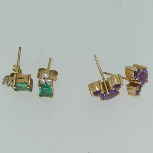 200 - A pair of three stone amethyst 'Mickey Mouse' Ear Studs, mounted in 14k yellow gold, the reverse mar... 