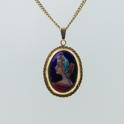 153 - An 18ct gold mounted enamel Pendant, with rope border, 25mm long exc. suspension loop, on an 18ct go... 