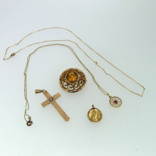 233 - An unmarked rose gold antique Cross Pendant, with engraved decoration and central seed pearls, tests... 