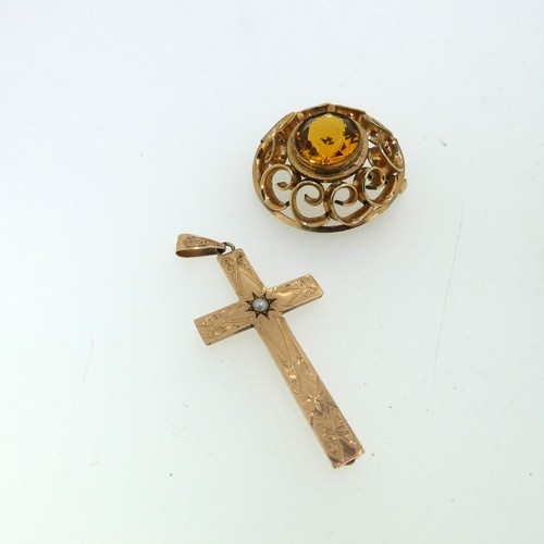 233 - An unmarked rose gold antique Cross Pendant, with engraved decoration and central seed pearls, tests... 