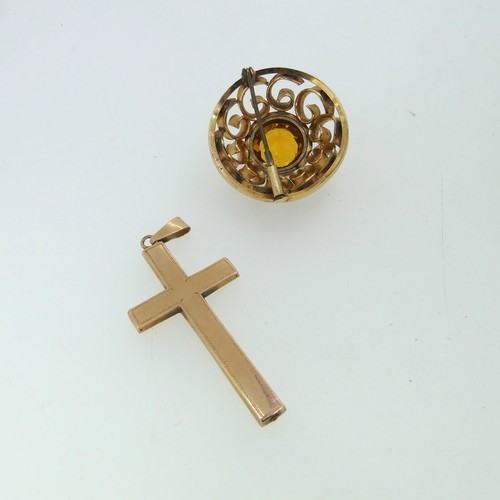 233 - An unmarked rose gold antique Cross Pendant, with engraved decoration and central seed pearls, tests... 