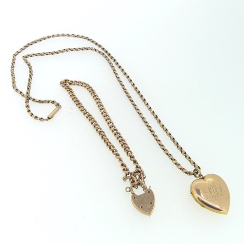 277 - A 9ct gold heart shaped hinged Locket, the front engraved with initials, 20mm wide, on a 9ct gold ch... 