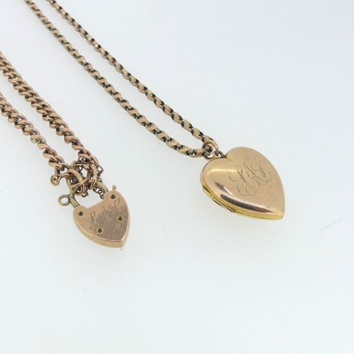 277 - A 9ct gold heart shaped hinged Locket, the front engraved with initials, 20mm wide, on a 9ct gold ch... 