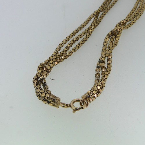 159 - A 9ct gold triple row Necklace, with bolt ring clasp, 54cm long, 15.6g.