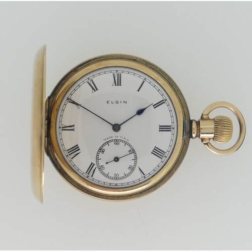 286 - A gold plated hunter Pocket Watch, the white enamel dial signed 'Elgin' with Roman Numerals and subs... 