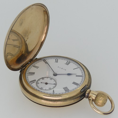 286 - A gold plated hunter Pocket Watch, the white enamel dial signed 'Elgin' with Roman Numerals and subs... 