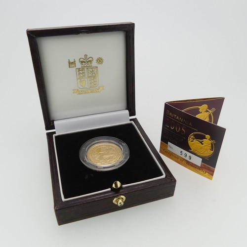 311 - A cased Royal Mint Britannia gold Proof £25 Coin, quarter ounce, dated 2005, with certificate 599/75... 