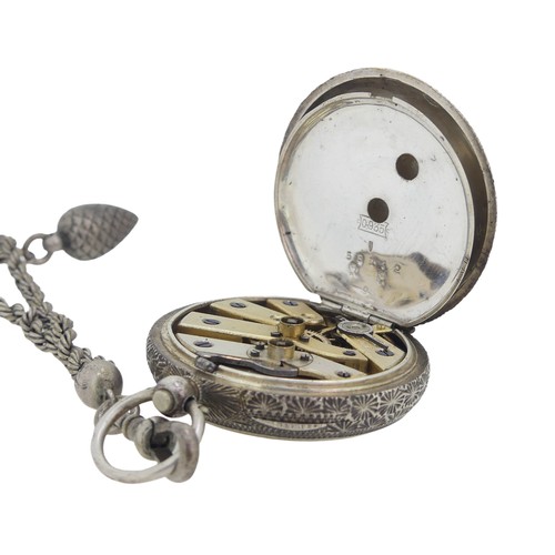 288 - A Continental silver Fob Watch, with white enamel dial and gilt decoration, foliate engraved case ba... 