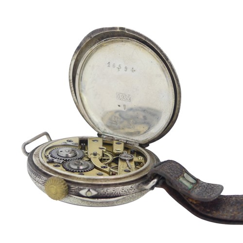 288 - A Continental silver Fob Watch, with white enamel dial and gilt decoration, foliate engraved case ba... 