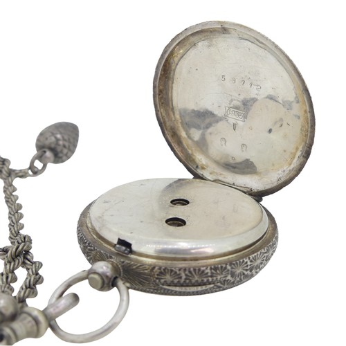 288 - A Continental silver Fob Watch, with white enamel dial and gilt decoration, foliate engraved case ba... 