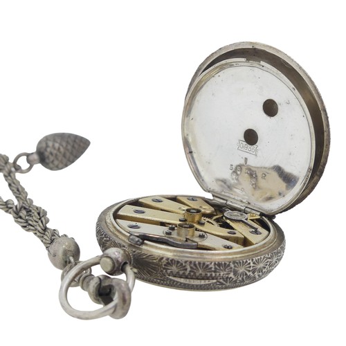 288 - A Continental silver Fob Watch, with white enamel dial and gilt decoration, foliate engraved case ba... 