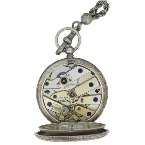 288 - A Continental silver Fob Watch, with white enamel dial and gilt decoration, foliate engraved case ba... 