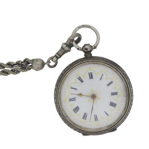 288 - A Continental silver Fob Watch, with white enamel dial and gilt decoration, foliate engraved case ba... 