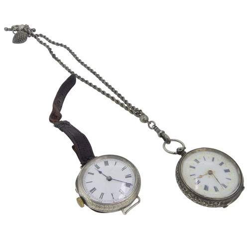 288 - A Continental silver Fob Watch, with white enamel dial and gilt decoration, foliate engraved case ba... 