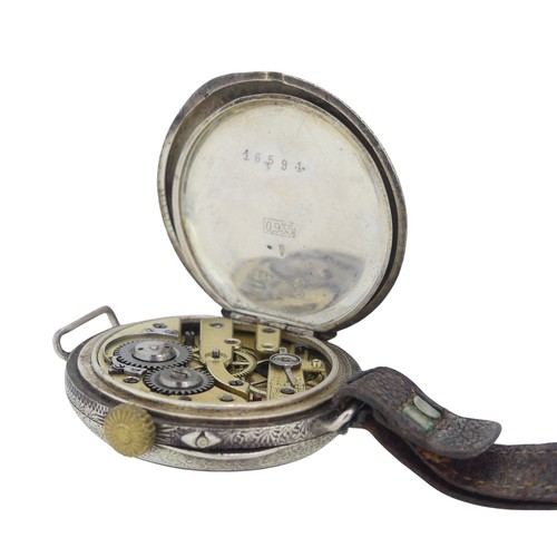 288 - A Continental silver Fob Watch, with white enamel dial and gilt decoration, foliate engraved case ba... 