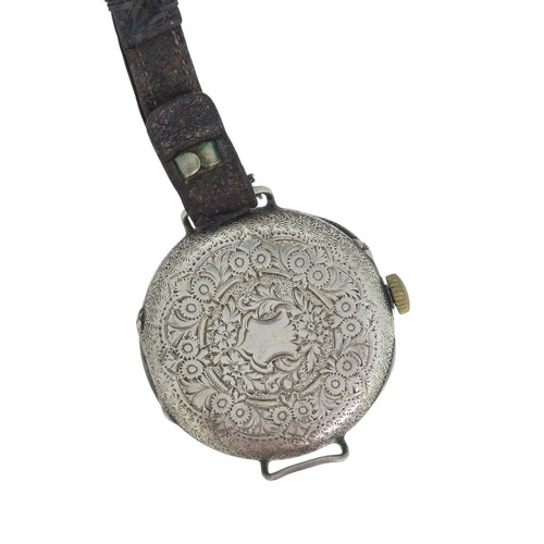 288 - A Continental silver Fob Watch, with white enamel dial and gilt decoration, foliate engraved case ba... 