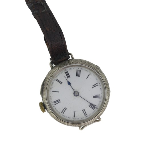 288 - A Continental silver Fob Watch, with white enamel dial and gilt decoration, foliate engraved case ba... 