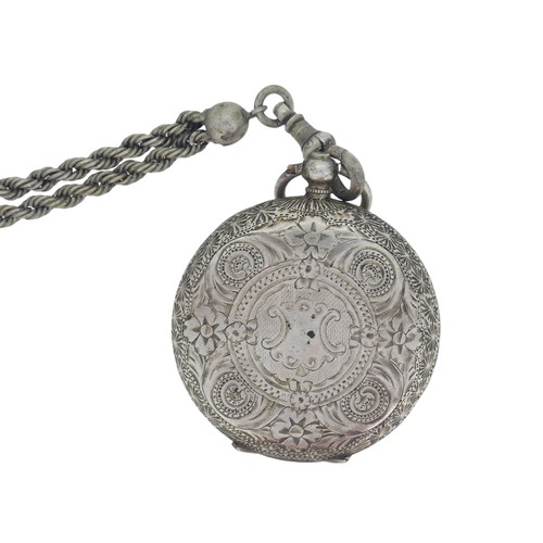 288 - A Continental silver Fob Watch, with white enamel dial and gilt decoration, foliate engraved case ba... 