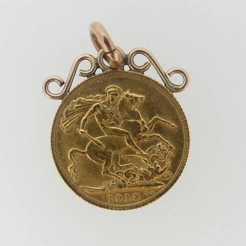 313 - A George V gold Sovereign, dated 1913, on soldered pendant mount,