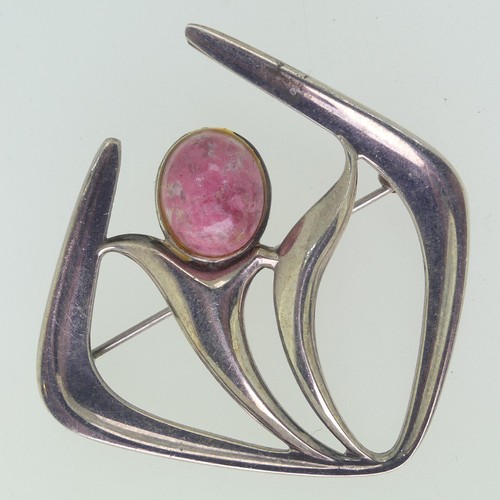 207 - David Andersen; A modernist silver 'Troll' series Brooch, designed by Harry Sorby, set with a caboch... 