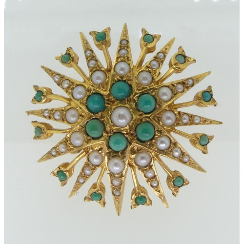 208 - A 9ct yellow gold seed pearl and turquiose Brooch, of starburst design in the Victorian style, hallm... 