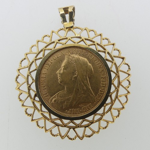 314 - A Victorian gold Sovereign, dated 1896, in 9ct gold pierced pendant mount, total weight 11.7g.... 