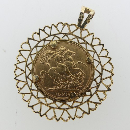 314 - A Victorian gold Sovereign, dated 1896, in 9ct gold pierced pendant mount, total weight 11.7g.... 