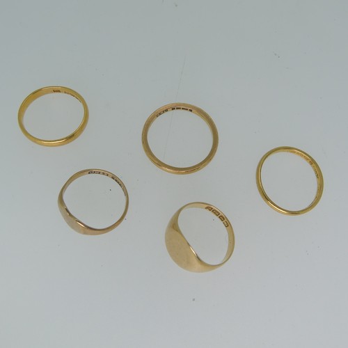 255 - Three 22ct yellow gold Bands, one Size L, the other J½, the other Size O½, total weight 8g, together... 