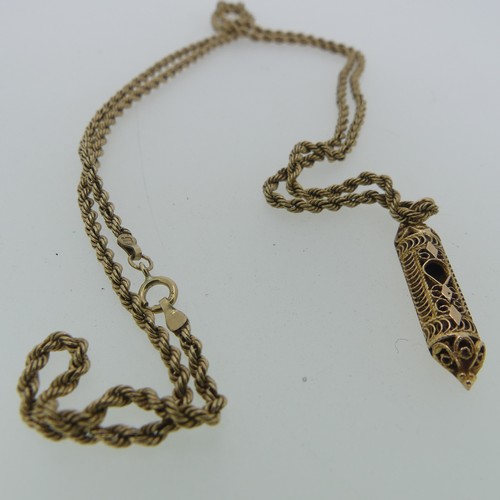 172 - A 9ct gold ropetwist Chain, 61cm long, 3.2g, with a small 14k gold pendant suspended, 1.2g.... 