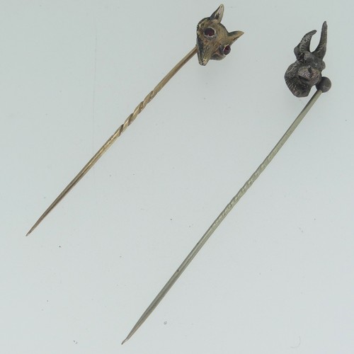 270 - Two novelty Stick Pins, one with fox mask finial and ruby glass eyes, unmarked but tested as 9ct gol... 