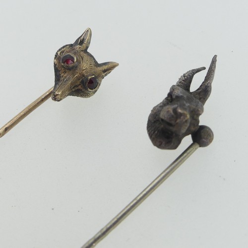 270 - Two novelty Stick Pins, one with fox mask finial and ruby glass eyes, unmarked but tested as 9ct gol... 