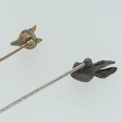 270 - Two novelty Stick Pins, one with fox mask finial and ruby glass eyes, unmarked but tested as 9ct gol... 