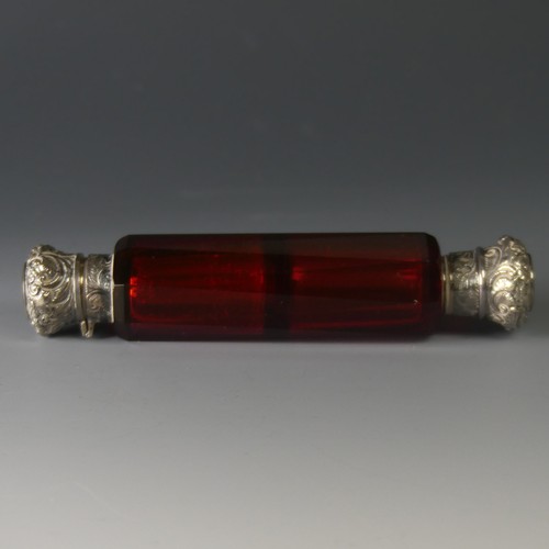 53 - A Victorian double-ended ruby glass Scent Bottle, one end with screw fitting cover and replacement g... 