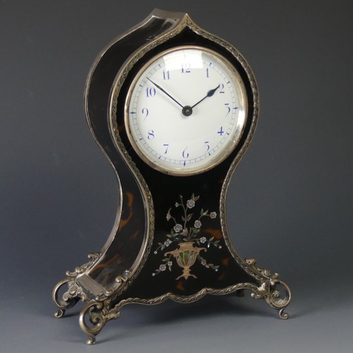 82 - An Edwardian silver and tortoiseshell balloon Mantle Clock, hallmarked William Comyns, London 1907, ... 