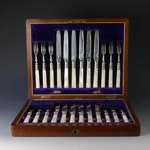 85 - An early 20thC cased set of twelve Dessert Knives and Forks, by Allen & Daws, Norwich, the silve... 