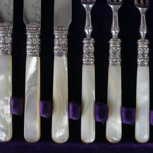 85 - An early 20thC cased set of twelve Dessert Knives and Forks, by Allen & Daws, Norwich, the silve... 