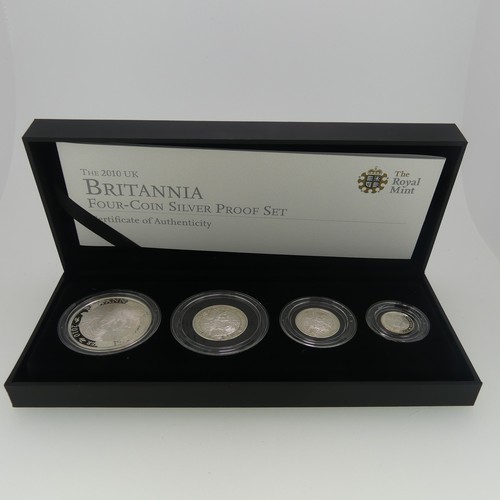 340 - The Royal Mint 2010 Britannia Four-Coin silver proof set, with certificate, together with The Royal ... 