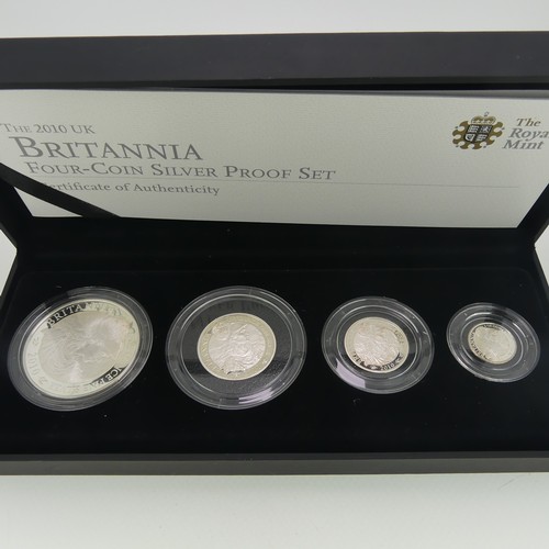 340 - The Royal Mint 2010 Britannia Four-Coin silver proof set, with certificate, together with The Royal ... 