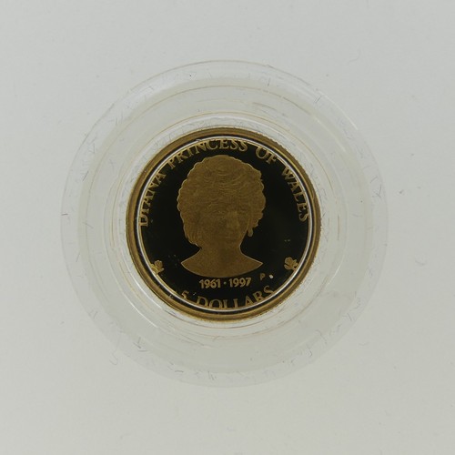 342 - An Elizabeth II Cook Islands Diana, Princess of Wales 5 dollars gold Coin, dated 1997, 1/25oz, with ... 