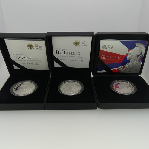 344 - The Royal Mint Britannia UK one ounce Silver Proof Coin, all boxed with certificates, dated 2008, 20... 