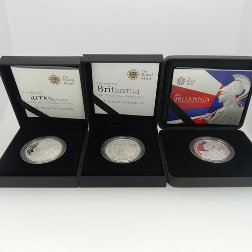 344 - The Royal Mint Britannia UK one ounce Silver Proof Coin, all boxed with certificates, dated 2008, 20... 