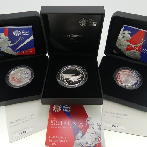 344 - The Royal Mint Britannia UK one ounce Silver Proof Coin, all boxed with certificates, dated 2008, 20... 