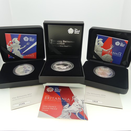 344 - The Royal Mint Britannia UK one ounce Silver Proof Coin, all boxed with certificates, dated 2008, 20... 