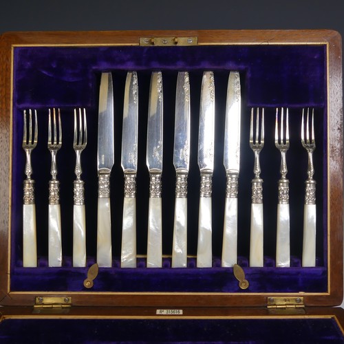 85 - An early 20thC cased set of twelve Dessert Knives and Forks, by Allen & Daws, Norwich, the silve... 