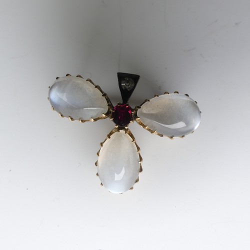 211 - A small moonstone, ruby and diamond Trefoil / Shamrock Brooch, mounted in unmarked 9ct gold, tested,... 