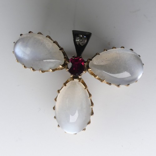 211 - A small moonstone, ruby and diamond Trefoil / Shamrock Brooch, mounted in unmarked 9ct gold, tested,... 