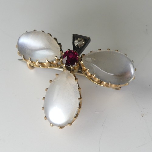 211 - A small moonstone, ruby and diamond Trefoil / Shamrock Brooch, mounted in unmarked 9ct gold, tested,... 