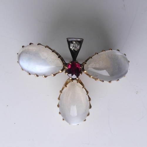 211 - A small moonstone, ruby and diamond Trefoil / Shamrock Brooch, mounted in unmarked 9ct gold, tested,... 